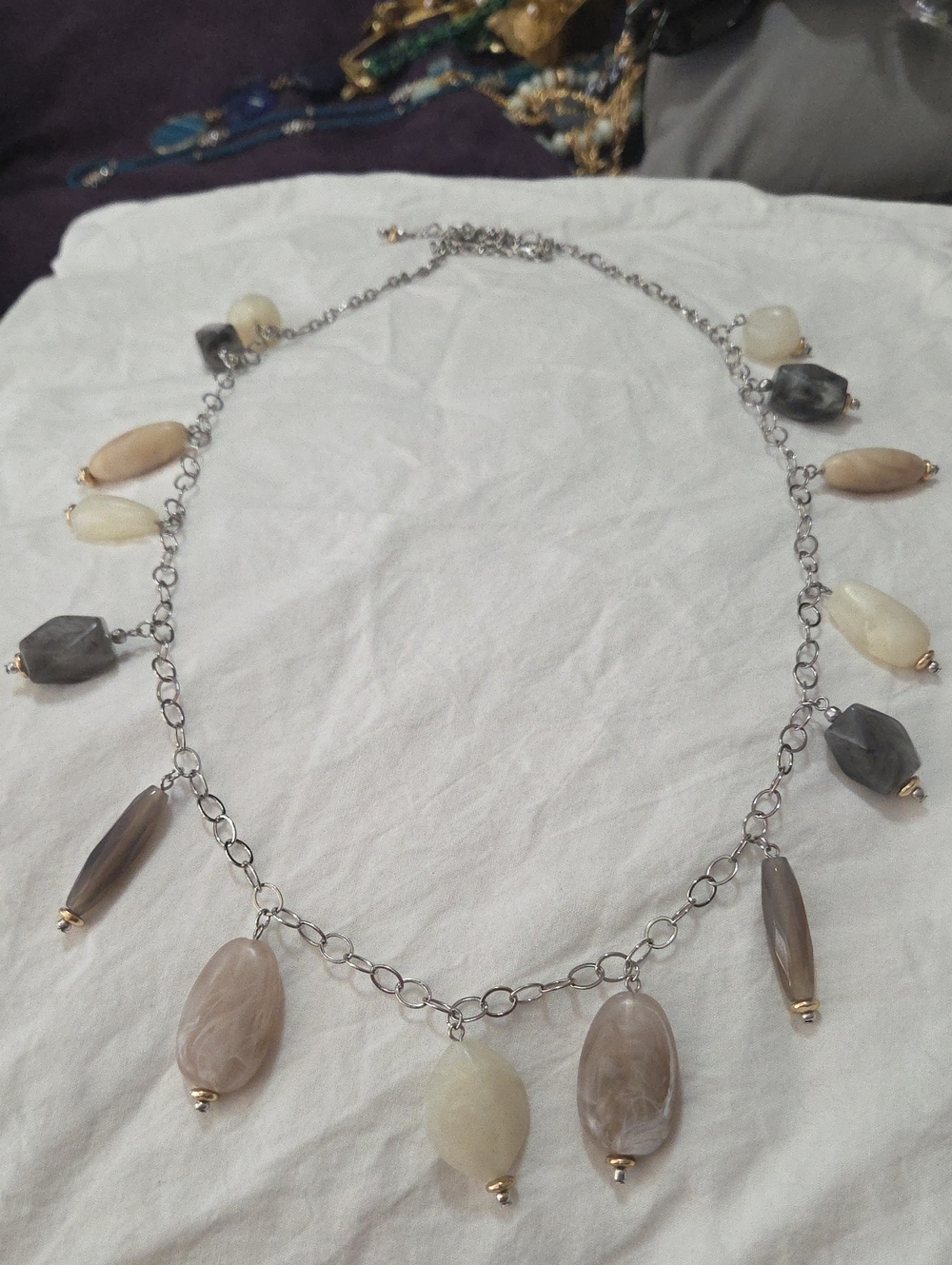 Chico's Neutral Marbled Bead Chain Necklace in Cream, Beige and Gray